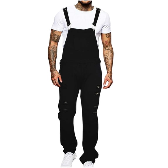Men's Denim Bib Overalls Relaxed Fit Jumpsuit Adjustable Strap Ripped Denim Overalls with Pockets