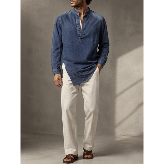 Men's Denim Blue Long Sleeve Shirt with Ripped Detail and Asymmetrical Hem