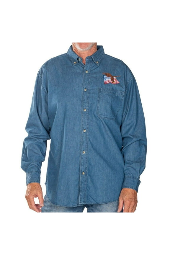 Men's Denim Button Down Pocket Shirt with American Flag and Eagle Embroidery USA