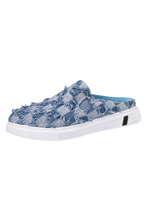 Men's Denim Checkerboard Clogs Breathable Backless Walking Slide Lightweight Backless Non Slip Mule Sandals Blue Size 9