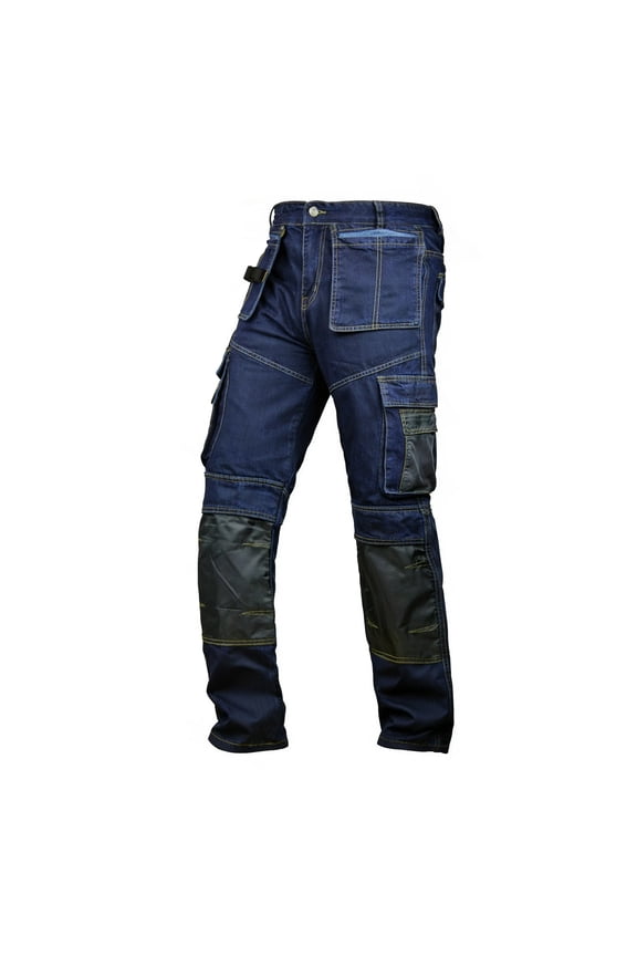 Men's Denim Cordura Fit Work Dungaree Pants Carpenter Workwear Mens Utility Jean Dark Blue 32-32