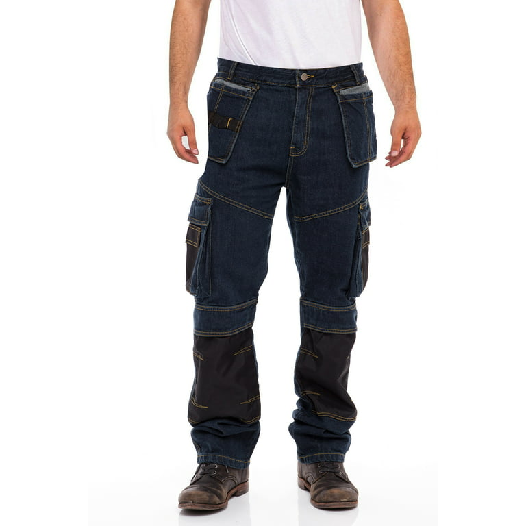 Men's Denim Cordura Fit Work Dungaree Pants Carpenter Workwear Mens Utility  Jean Dark Blue 36-34