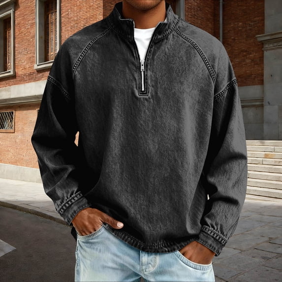Men's Denim Half Zip Sweatshirt, Washed Vintage Stand Collar Long Sleeve Pullover Top, Black-M