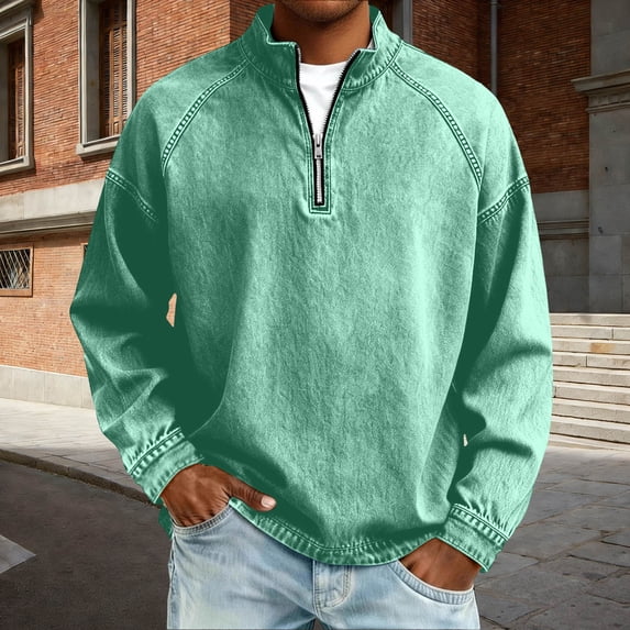 Men's Denim Half Zip Sweatshirt, Washed Vintage Stand Collar Long Sleeve Pullover Top, Mint Green-L