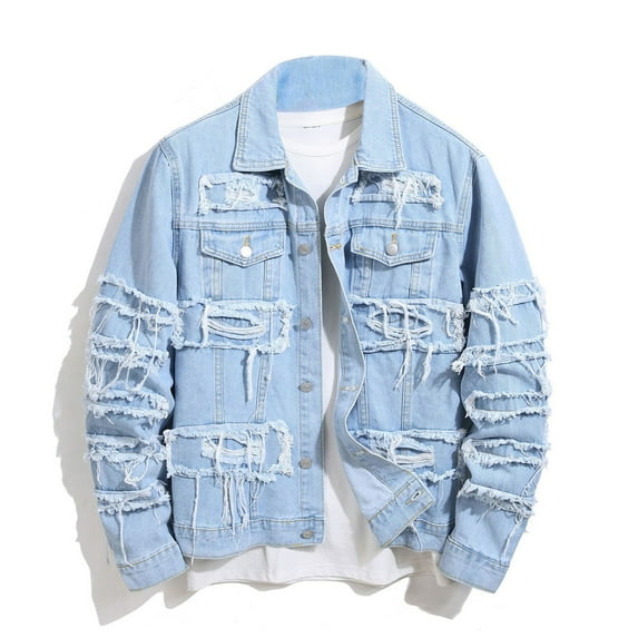 Men's Denim Jacket Patchwork Fringe Jacket Slim Jean Jacket Streetwear Coat