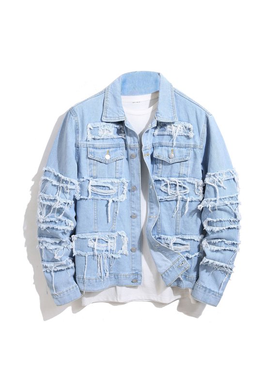 Men's Denim Jacket Patchwork Fringe Jacket Slim Jean Jacket Streetwear Coat