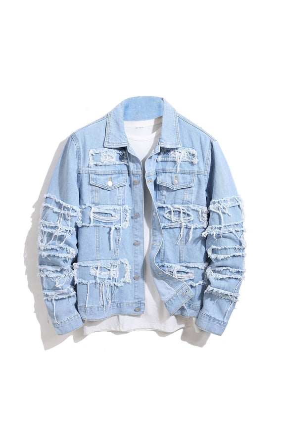 Men's Denim Jacket Patchwork Fringe Jacket Slim Jean Jacket Streetwear Coat