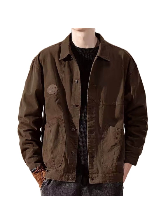 Men's Denim Jacket Vintage Inspired Jean Coat Wide Shoulders Cargo Clothing Jacket with Multiple Pockets (XL, Brown)