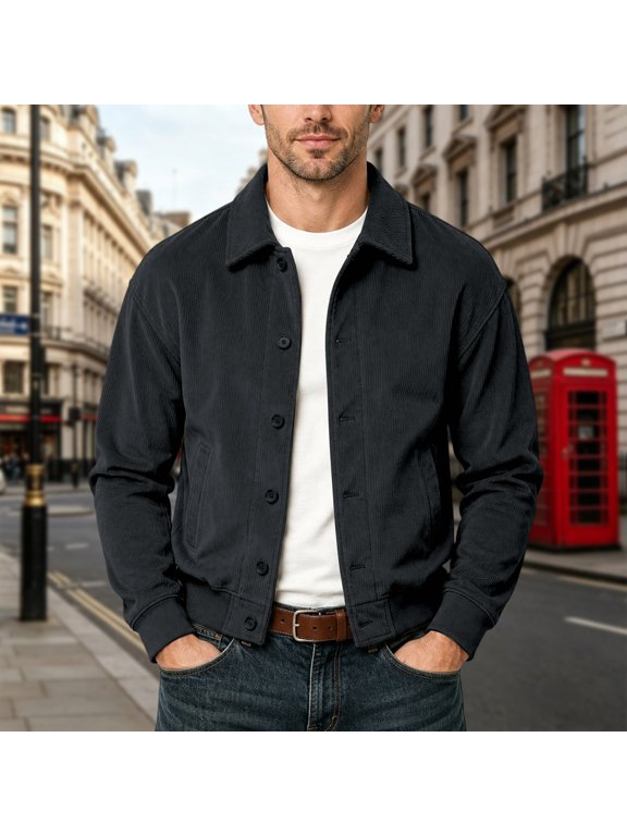 Men's Denim Jacket with Button Front and Patch Pockets for Everyday Casual Wear in Autumn Winter, Dark Gray, M