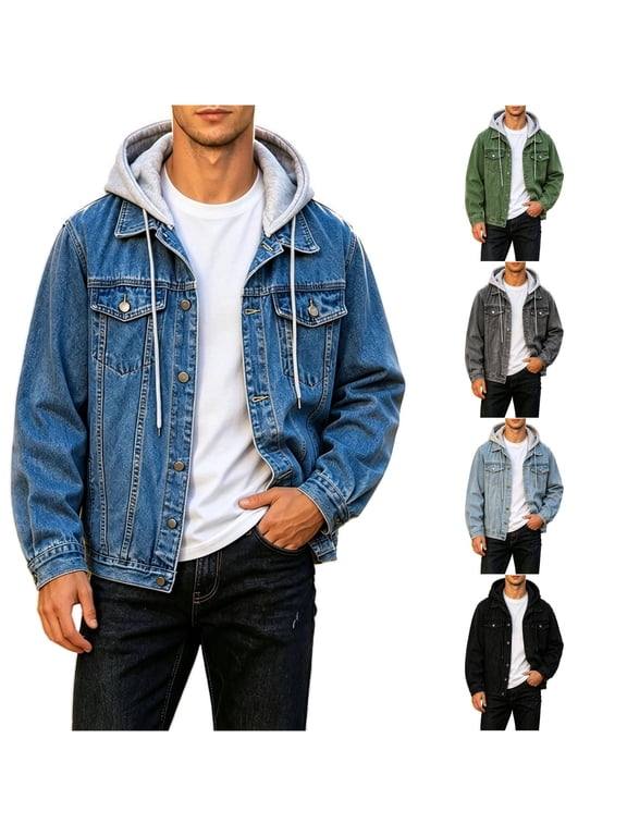 Men's Denim Jacket with Detachable Hood Relaxed Fit Autumn Winter Outerwear