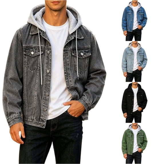 Kacketa Men's Denim Jacket with Detachable Hood Relaxed Fit Autumn Winter ...