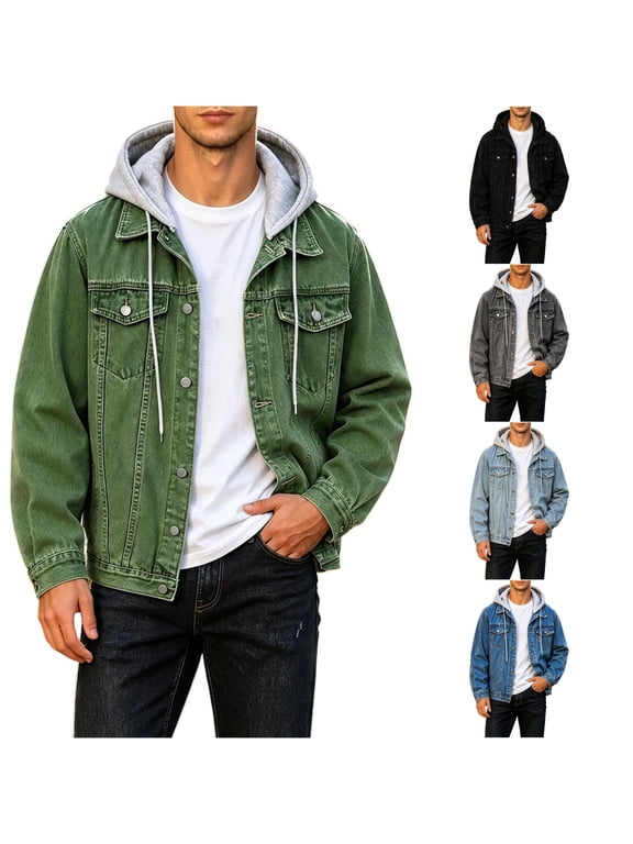 Men's Denim Jacket with Detachable Hood Relaxed Fit Autumn Winter Outerwear