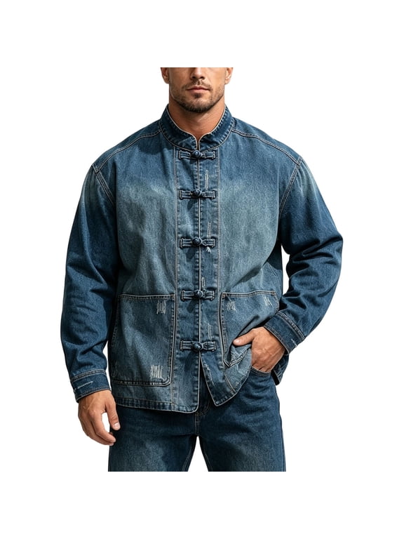Men's Denim Jacket with Front Pockets | Casual Long Sleeve Frog Button Loose Fit Jean Coat | Chinese Style Blouse