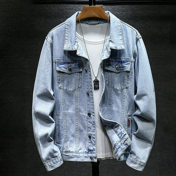 Men's Denim Jackets Casual Slim Fit Stand Collar Long Sleeved Distressed Vintage Jackets Fashion Streetwear Fall Winter Button Down Jean Coat With Pocket Light Blue L