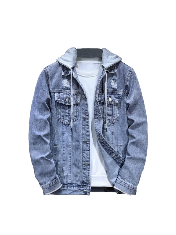 Men's Denim Jackets Detachable Hood Drawstring Button Down Casual Ripped Long Sleeve Soft Stretch Jean Jacket