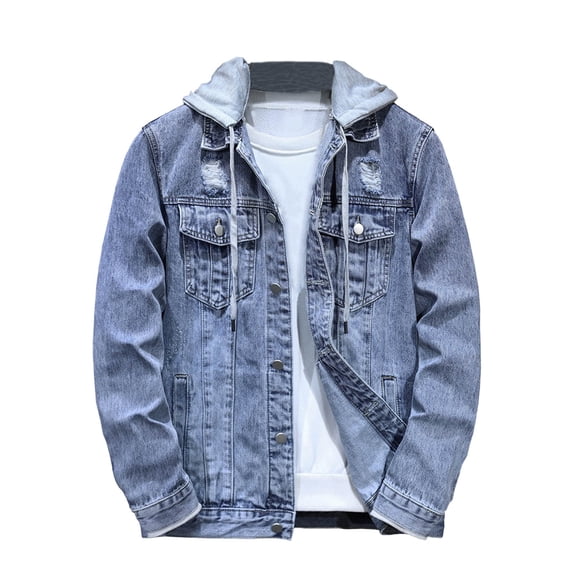 Men's Denim Jackets Detachable Hood Drawstring Button Down Casual Ripped Soft Stretch Jean Jacket