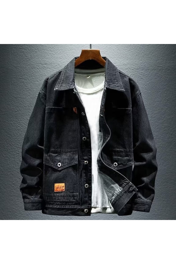 Men's Denim Jackets Fashion Distressed Slim Fit Long Sleeved Vintage Jackets Casualstand Collar Outerwear Streetwear Fall Winter Button Down Jean Coat With Pocket Black XXXXL