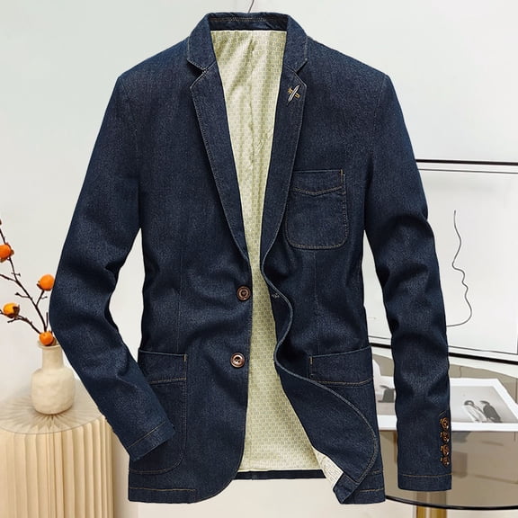 Men's Denim Jackets Fashion Distressed Stand Collar Long Sleeved Suit Style Vintage Jackets Casual Slim Fit Outerwear Fall Winter Button Down Jean Coat With Pocket Dark Blue XXXXL