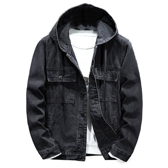 Men's Denim Jackets Hooded Button Down Windproof Jeans Jackets Trucker Coat