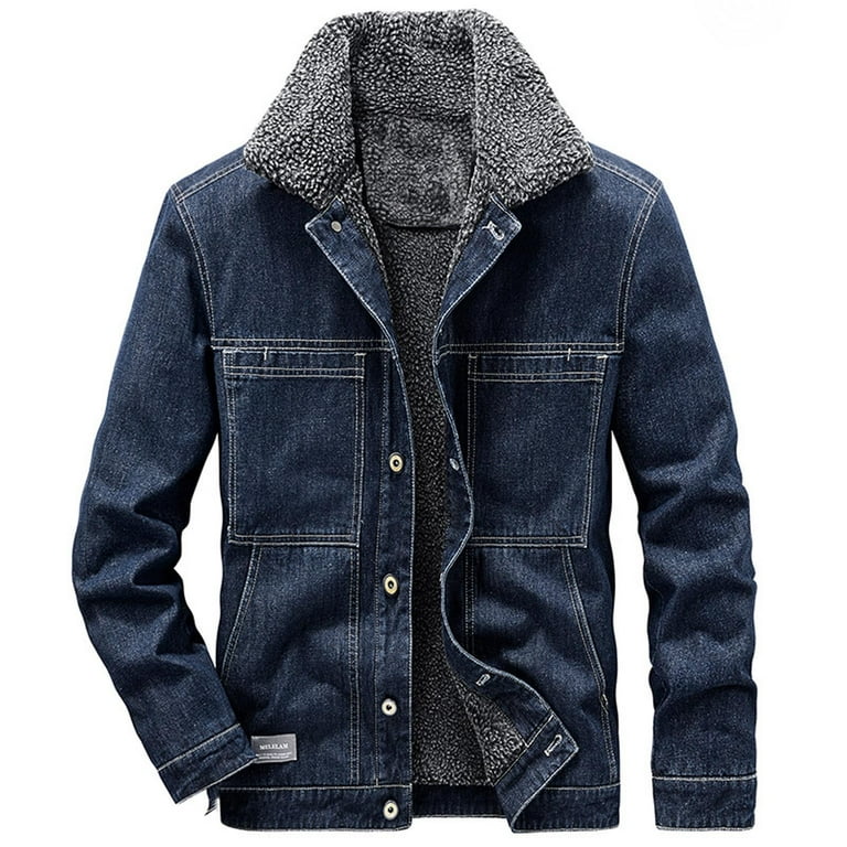 Men's Denim Jackets with Fleece Lined Pockets Winter Coats Lapel Casual  Warm Jean Sherpa Trucker Jacket Outwear 