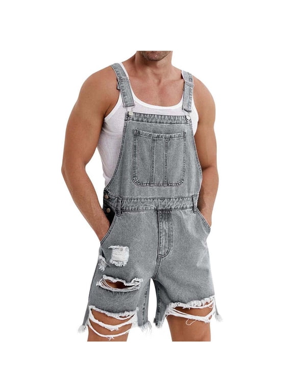 Men's Denim-Look Bib Overalls Casual Y2K Distressed Ripped Shortalls Summer Outdoor Fashion Streetweat Dungarees Knee Length Sleeveless Coveralls with Adjustable Straps