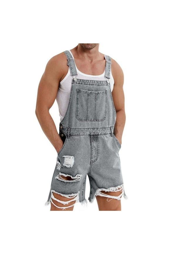 Men's Denim-Look Bib Overalls Casual Y2K Distressed Ripped Shortalls Summer Outdoor Fashion Streetweat Dungarees Knee Length Sleeveless Coveralls with Adjustable Straps