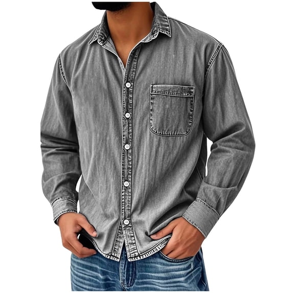 Men's Denim Overshirt Button Front Heavyweight Washed Denim Shirt Jacket with Pockets Relaxed Fit Versatile Layering Casual Outerwear