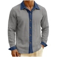 thumbnail image 1 of Men's Denim Patchwork Shirts Cotton Linen Long Sleeve Trendy Shirt Button Lapel Breathable Blouse Lightweight Loose Casual Vacation Top, 1 of 6