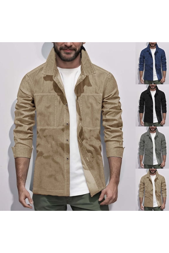 Mens Denim Shirt Jacket Long Sleeve Lapel Solid Color Casual Spring Fall