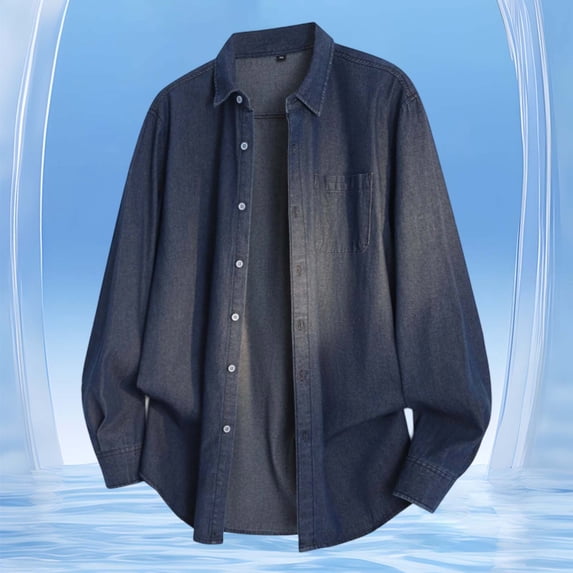 Men's Denim Shirt Long Sleeve Loose Fit Denim Shirt (Dark Blue M)