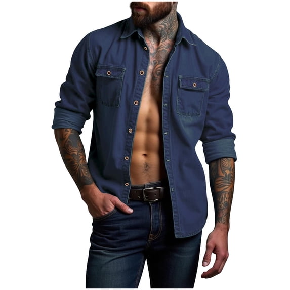 Men's Denim Shirts Casual Regular Fit Button Down Solid Color Tops Fashion Slim Fit Long Sleeve Jackets