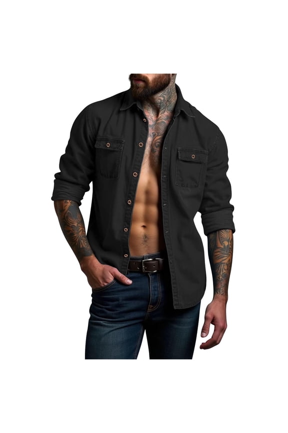 Men's Denim Shirts Casual Regular Fit Button Down Solid Color Tops Fashion Slim Fit Long Sleeve Jackets
