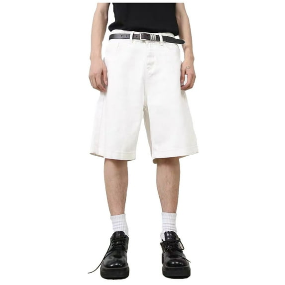 Men's Denim Shorts, Loose Vintage Jeans, Casual Wide leg, straight leg, with pockets, casual, comfortable, knee-length shorts (without belt). (White, XL)