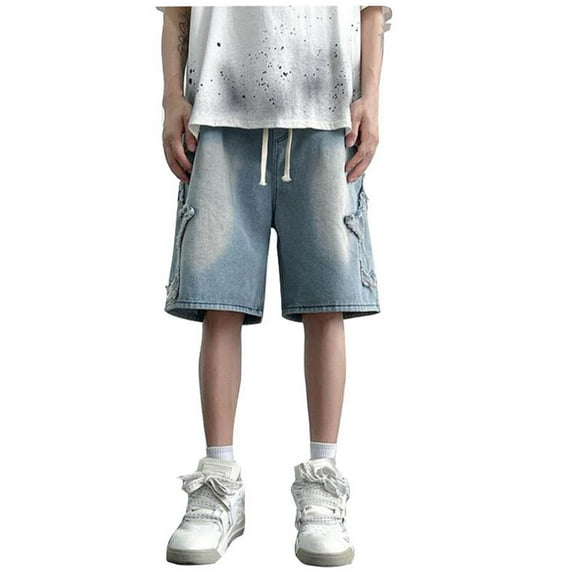 Men's Denim Shorts Summer Hop Everything Pull Rope Straight Leg Five Quarter Pants Shorts Mens Jeans Shorts Blue