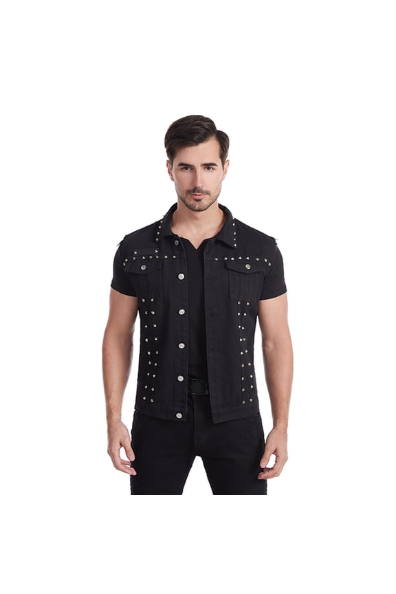 Men’s Denim Studded Vest Button-Front Sleeveless Jacket Punk-Inspired Style Casual Lapel Jean Vests with Rivets