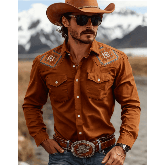 Men's Denim-Style Long Sleeve Button-Front Shirt with Chest Pockets and Aztec Geometric Detail Lightweight Soft Twill Fabric for Casual Daily Wear and Streetwear All-Season