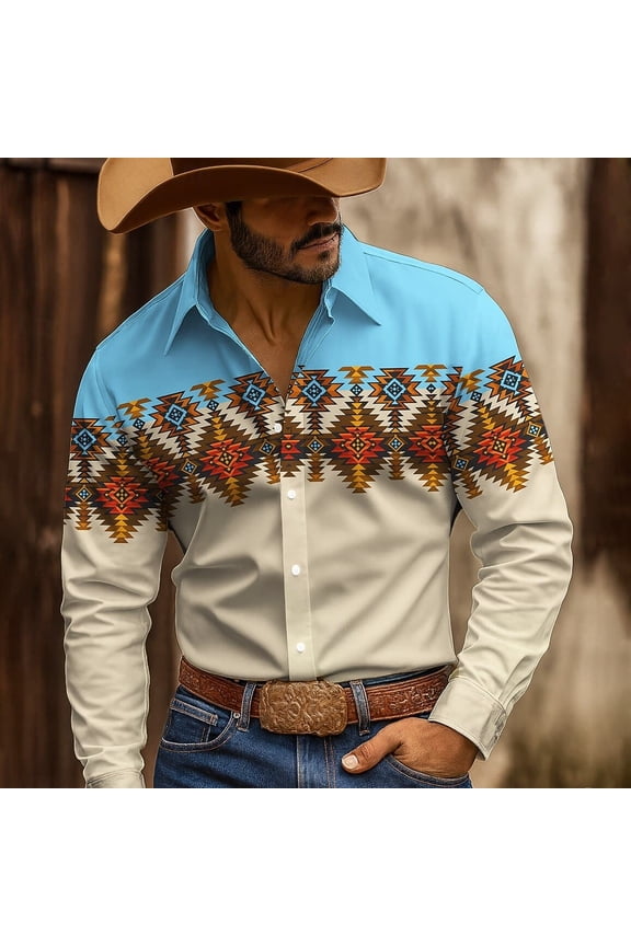 Men's Denim-Style Western Long Sleeve Shirt Button-Front with Chest Pockets and Colorful Aztec Print Lightweight Soft Cotton Blend for Streetwear and Weekend Outings All-Season