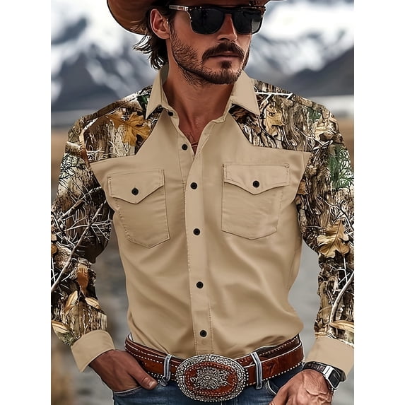 Men's Denim-Style Western Shirt Long Sleeve Button-Front with Chest Pockets and Camo Print Lightweight Soft Cotton Blend for Outdoor Casual and Weekend Streetwear All-Season