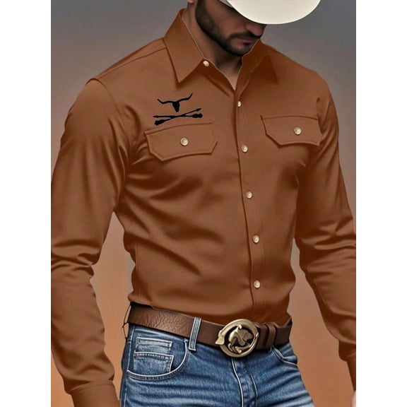 Men's Denim-Style Workwear-Style Long Sleeve Shirt Button-Front with Chest Pockets and Bull Skull Accent Lightweight Soft Cotton for Casual Streetwear and Vacation All-Season