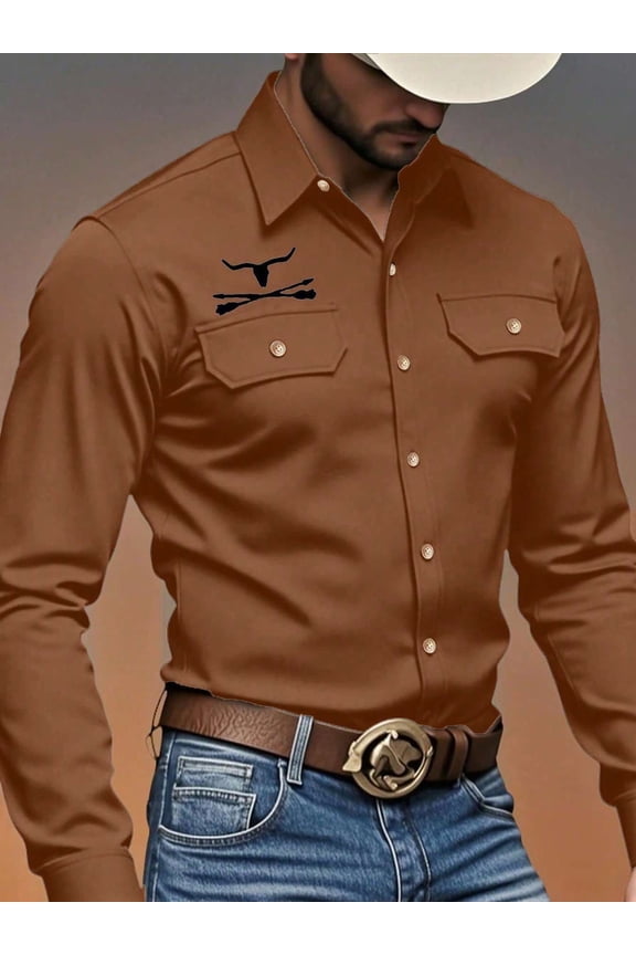 Men's Denim-Style Workwear-Style Long Sleeve Shirt Button-Front with Chest Pockets and Bull Skull Accent Lightweight Soft Cotton for Casual Streetwear and Vacation All-Season