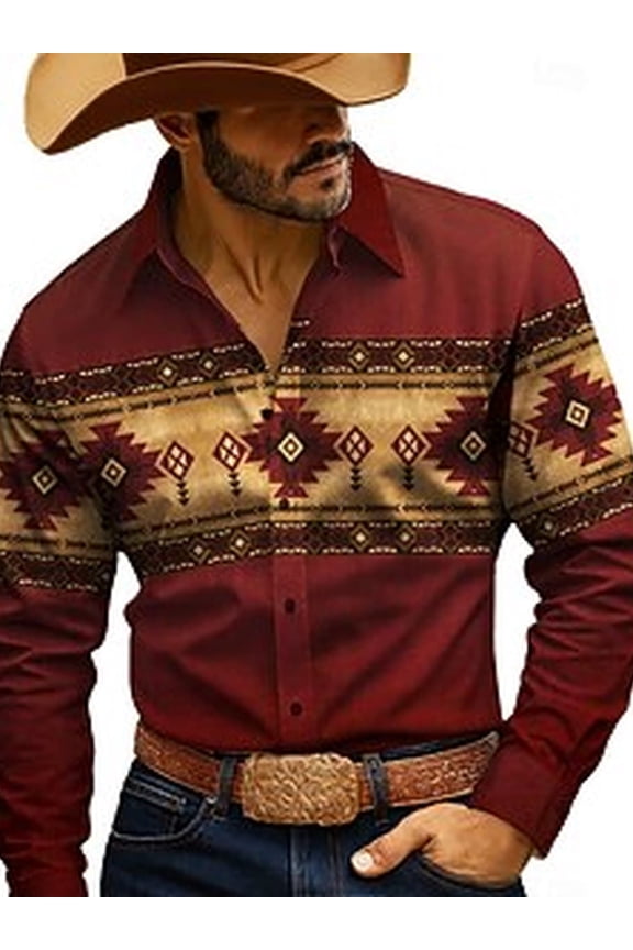 Men's Denim-Style Workwear-Style Long Sleeve Shirt Button-Front with Chest Pockets and Tribal Aztec Striped Print Lightweight Soft Cotton for Casual Streetwear and Vacation All-Season