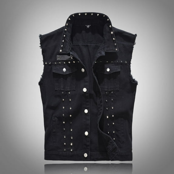 Men's Denim Tank Tops Punk Sleeveless Jean Jacket Rocker Studded Vests