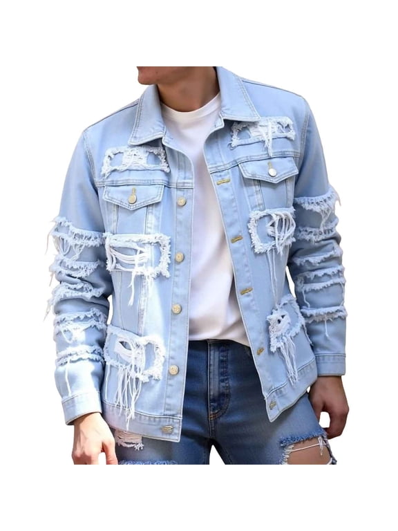 Men's Denim Trucker Jacket, Button Up Front Pocket Patch Fabric, Solid Color Casual Jean Coat For Men Daily Outdoor Wear Blue 2XL