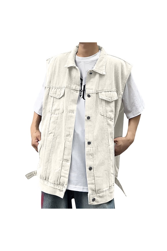 Men's Denim Vest Motorcycle Unlined Biker Sleeveless Button Down Jean Vest Jacket Fashion Casual Loose Punk Lapel Outerwear