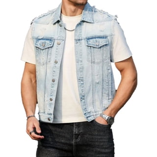 Men’s Denim Vest, Sleeveless Button-Up Jacket for Casual Streetwear & Daily Wear, Vintage Ripped Frayed Jean Vest for Outdoor, Travel, Music Festival & Lightweight Layering