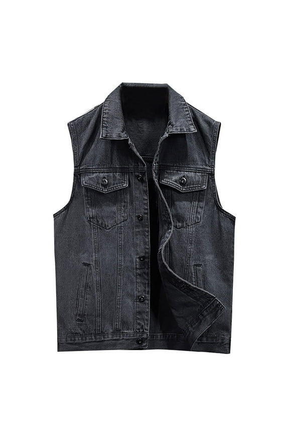 Men's Denim Vest Sleeveless Jacket Button Down Lapel Vintage Casual Ripped Summer Jean Vest with Pockets