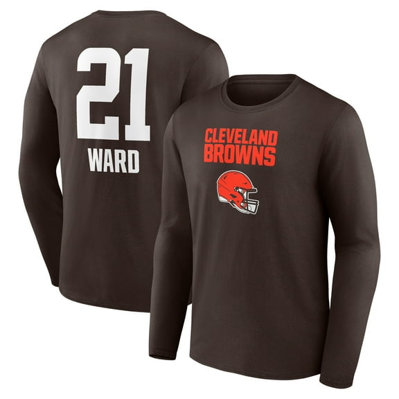 Men's Denzel Ward Brown Cleveland Browns Team Wordmark Player Name & Number Long Sleeve T-Shirt