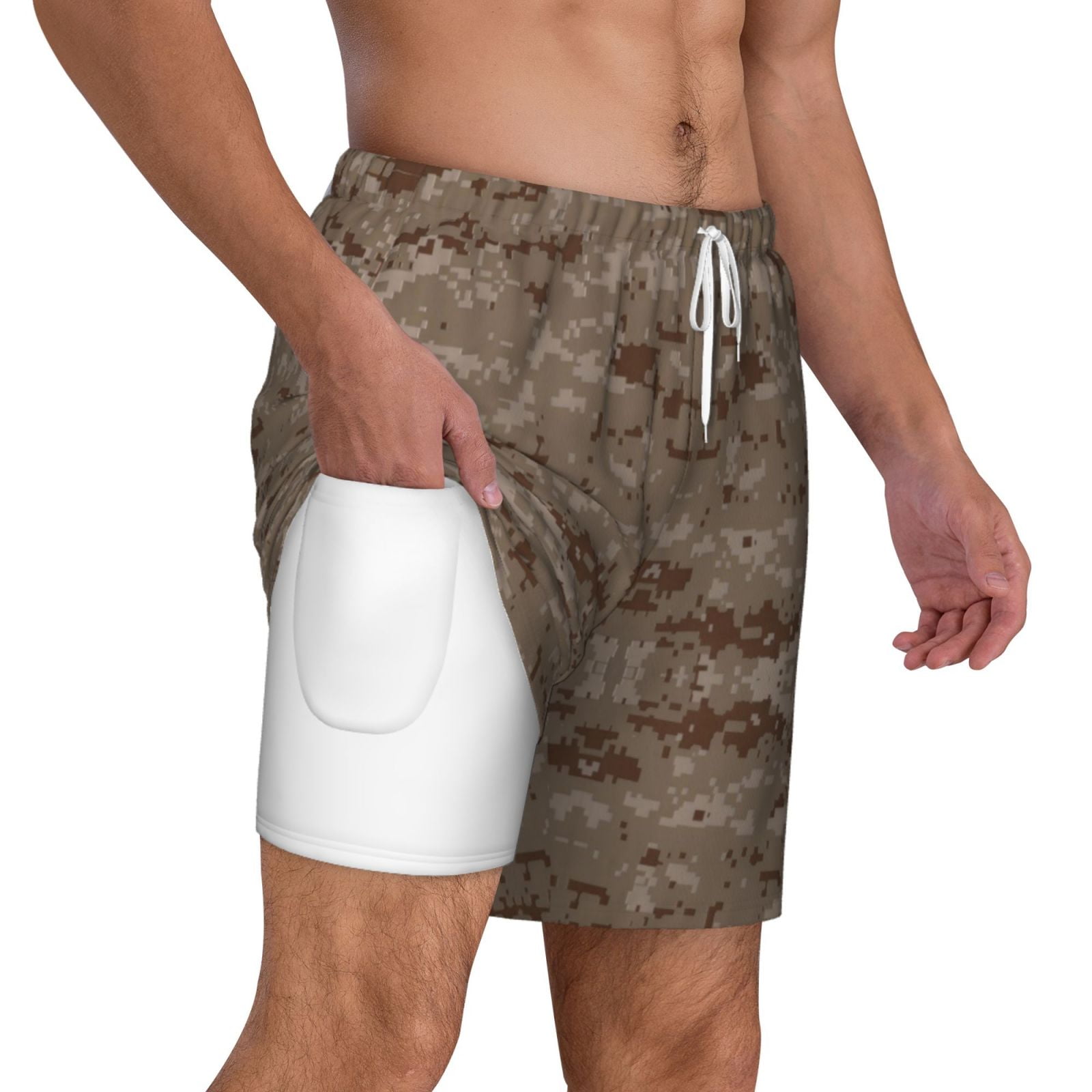 Men's Desert Digital Camouflage Swim Trunks with Compression Liner Bathing Suit Swimwear