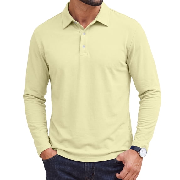 Men's Designed Solid Long-Sleeve Collared Golf Polo Shirts | Casual Solid Fit Men's Long-Sleeve Golf Polo Shirt Beige XXXL