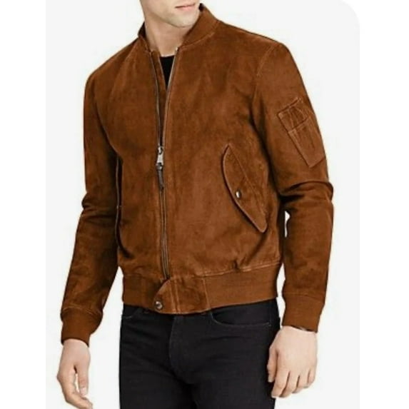 Men's Designer Bomber Flight Trendy Brown Suede Leather Genuine Jacket SouthBeachLeather